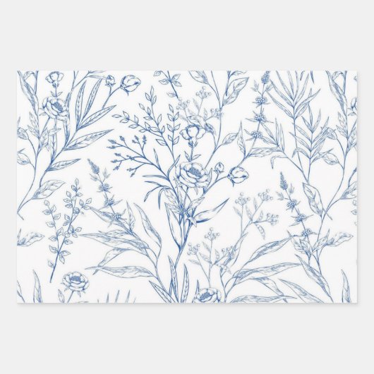 Chique blauw en wit bloemmotief inpakpapier vel (Voorkant 3)