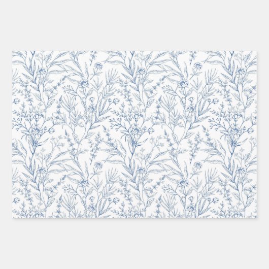 Chique blauw en wit bloemmotief inpakpapier vel (Voorkant 2)