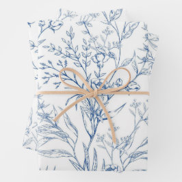 Chique blauw en wit bloemmotief inpakpapier vel