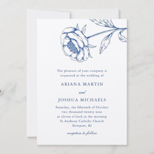 Chique blauw en wit botanische bruiloft kaart (Voorkant)