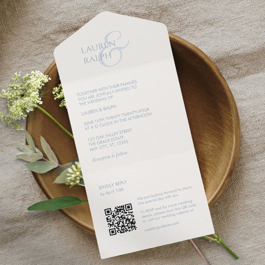Chique Blauw en Wit Monogram Initialen All In One Uitnodiging