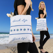 Chique blauw en wit strepen Shell Fish Beach Life Tote Bag
