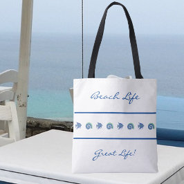 Chique blauw en wit strepen Shell Fish Beach Life Tote Bag