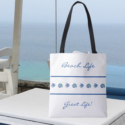 Chique blauw en wit strepen Shell Fish Beach Life Tote Bag