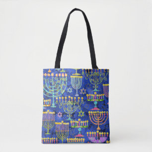 Chique Blauw Goud Menorah Ster van David Chanoeka Tote Bag