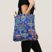 Chique Blauw Goud Menorah Ster van David Chanoeka Tote Bag (Dichtbij)