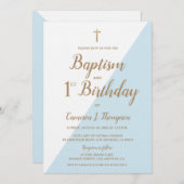 Chique Blauw Gouden Kruis Doop en 1e Verjaardag Kaart (Voorkant / Achterkant)