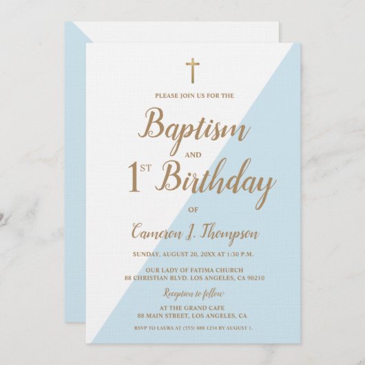Chique Blauw Gouden Kruis Doop en 1e Verjaardag Kaart (Voorkant / Achterkant)