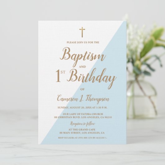 Chique Blauw Gouden Kruis Doop en 1e Verjaardag Kaart (Staand voorkant)