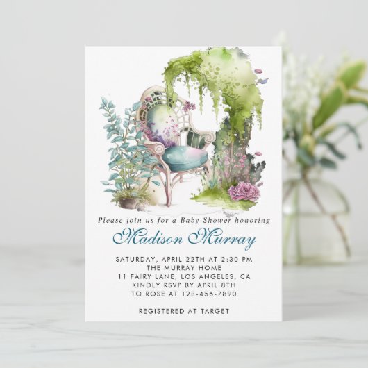 Chique blauw & groen bloementuinstoel Baby shower Kaart (Staand voorkant)