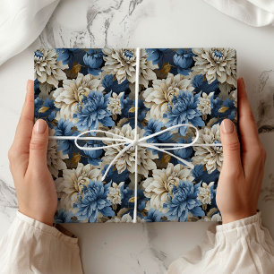 Chique Blauw Ivoren Bloem Motief Elegant Cadeaupap Cadeaupapier