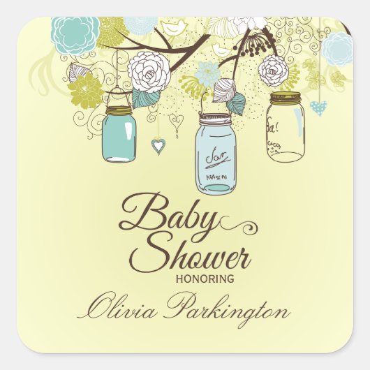 Chique blauw mason potje bloemenbaby shower sticke vierkante sticker (Voorkant)