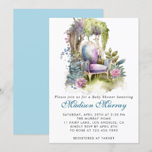 Chique Blauw & Paarse Bloemen Tuin Stoel Baby show Kaart