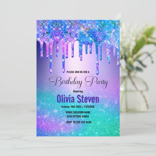 Chique blauw paarse ombre druppelen glitter monogr kaart (Staand voorkant)