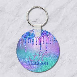 Chique blauw paarse ombre glitter druppels monogra sleutelhanger