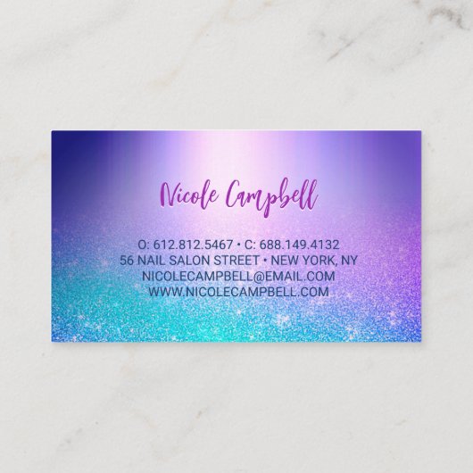 Chique blauw paarse ombre glitter druppels visitekaartje (Achterkant)