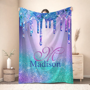 Chique blauw paarse ombre glitterdruppels monogram sherpa deken