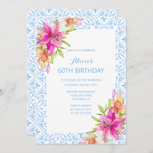 Chique Blauw Portugees Azulejo Mozaïek Lily Verjaa Kaart (Voorkant / Achterkant)