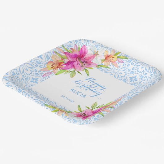 Chique Blauw Portugees Azulejo Mozaïek Lily Verjaa Papieren Bordje (Gebogen)