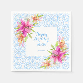 Chique Blauw Portugees Azulejo Mozaïek Lily Verjaa Servet