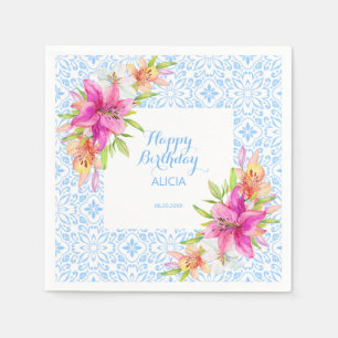 Chique Blauw Portugees Azulejo Mozaïek Lily Verjaa Servet