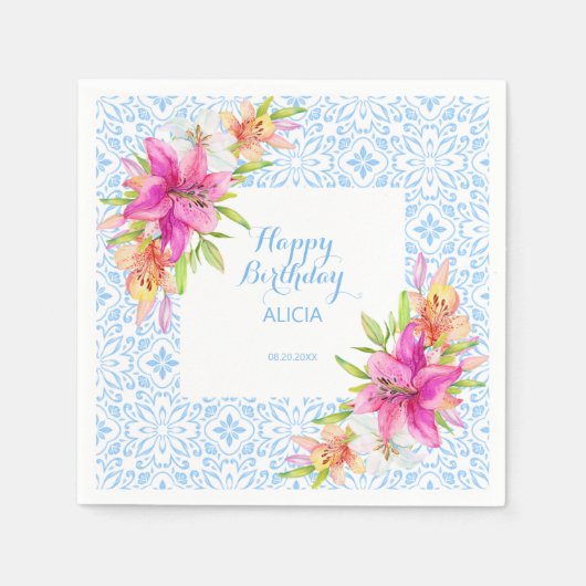 Chique Blauw Portugees Azulejo Mozaïek Lily Verjaa Servet (Voorkant)