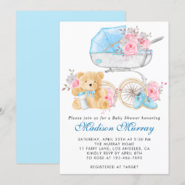 Chique Blauw & Roze Bloemen Wandelwagen Pram Baby  Kaart