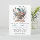 Chique blauw & roze bloemige buggy kinderwagen Bab Kaart (Staand voorkant)