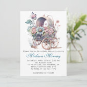 Chique blauw & roze bloemige buggy kinderwagen Bab Kaart (Staand voorkant)