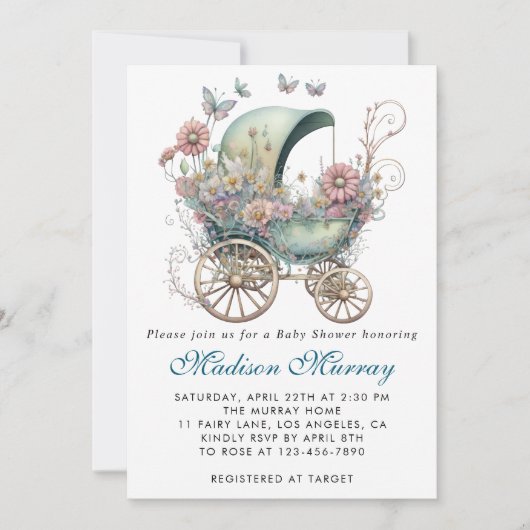 Chique blauw & roze bloemige buggy kinderwagen Bab Kaart (Voorkant)