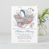 Chique blauw & roze bloemige buggy kinderwagen Bab Kaart (Staand voorkant)