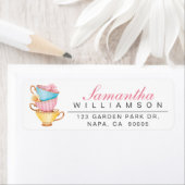 Chique blauw, roze & geel  gestapelde theekopjes etiket (Insitu)