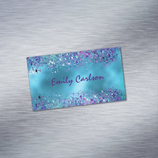 Chique Blauw roze iriserende glitter Magnetisch Visitekaartje (Voorbeeld)