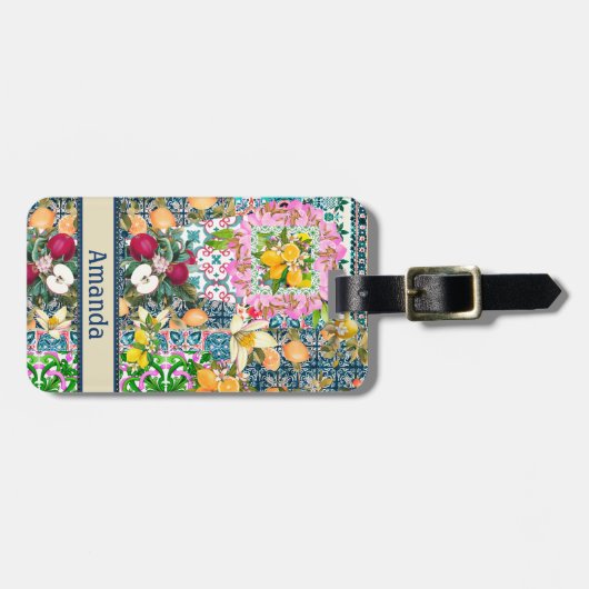 Chique blauw roze siciliaanse citrus bloemige tege bagagelabel (Voorkant horizontaal)