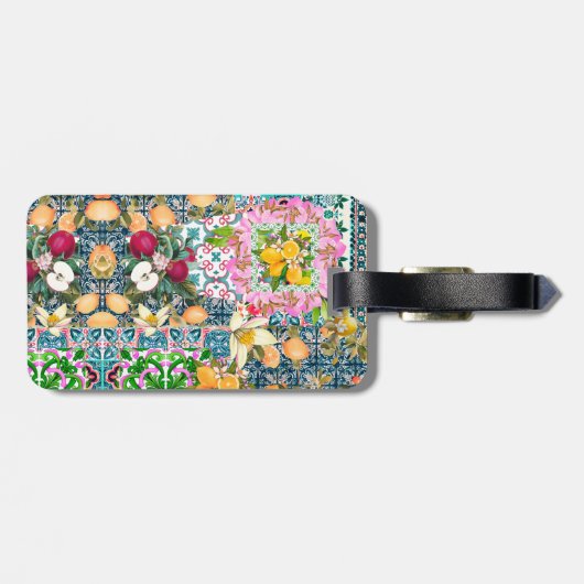 Chique blauw roze siciliaanse citrus bloemige tege bagagelabel (Achterkant horizontaal)