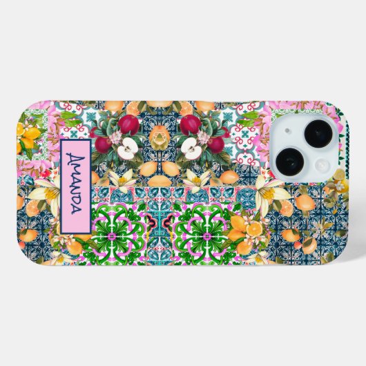 Chique blauw roze siciliaanse citrus bloemige tege Case-Mate iPhone case (Achterkant (horizontaal))