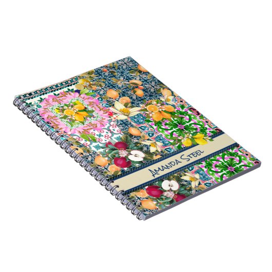 Chique blauw roze siciliaanse citrus bloemige tege notitieboek (Rechterzijde)