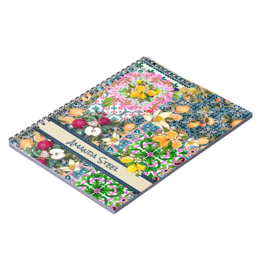 Chique blauw roze siciliaanse citrus bloemige tege notitieboek (Linkerzijde)