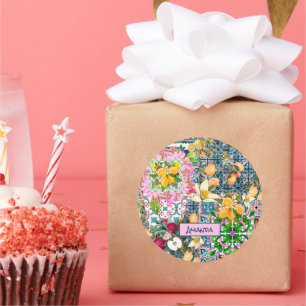 Chique blauw roze siciliaanse citrus bloemige tege ronde sticker