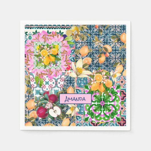 Chique blauw roze siciliaanse citrus bloemige tege servet (Voorkant)