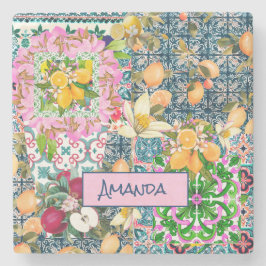 Chique blauw roze siciliaanse citrus bloemige tege stenen onderzetter