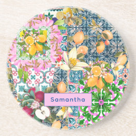 Chique blauw roze siciliaanse citrus bloemige tege zandsteen onderzetter