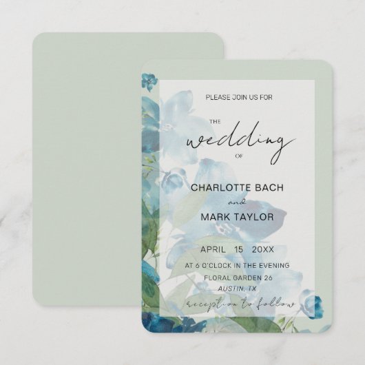 Chique Blauw Sage Groene Waterverf Bloemen Kaart (Voorkant / Achterkant)