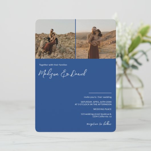 Chique blauw script namen 3 foto's qr code bruilof kaart (Staand voorkant)