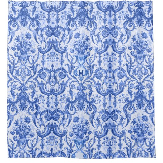Chique  Blauw toile de jouy monogram Douchegordijn (Voorkant)