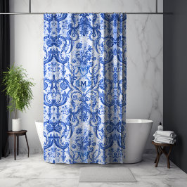 Chique Blauw toile de jouy monogram Douchegordijn