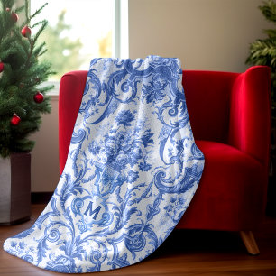 Chique  Blauw toile de jouy monogram Fleece Deken