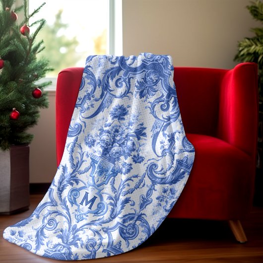 Chique Blauw toile de jouy monogram Fleece Deken
