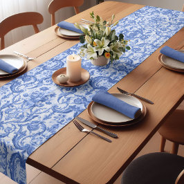 Chique  Blauw toile de jouy monogram Korte Tafelloper