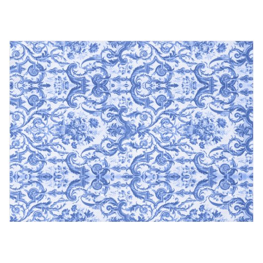 Chique Blauw toile de jouy monogram Tafelkleed (Voorkant (Horizontaal))